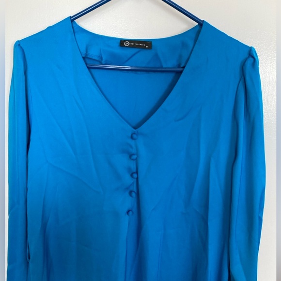 Pretty Garden, Blue V Neck Dress with button front and long puff sleeves. Size M - Picture 4 of 10
